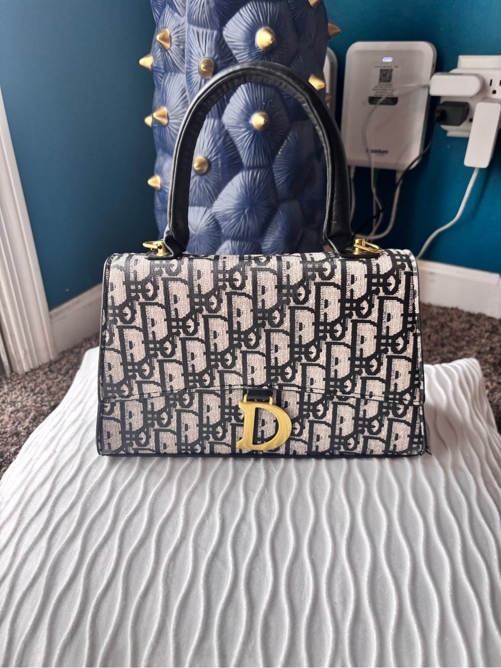 Inspired Dior bag Black and Beige Logo Top-Handle Satchel with Gold 'D' Accent
